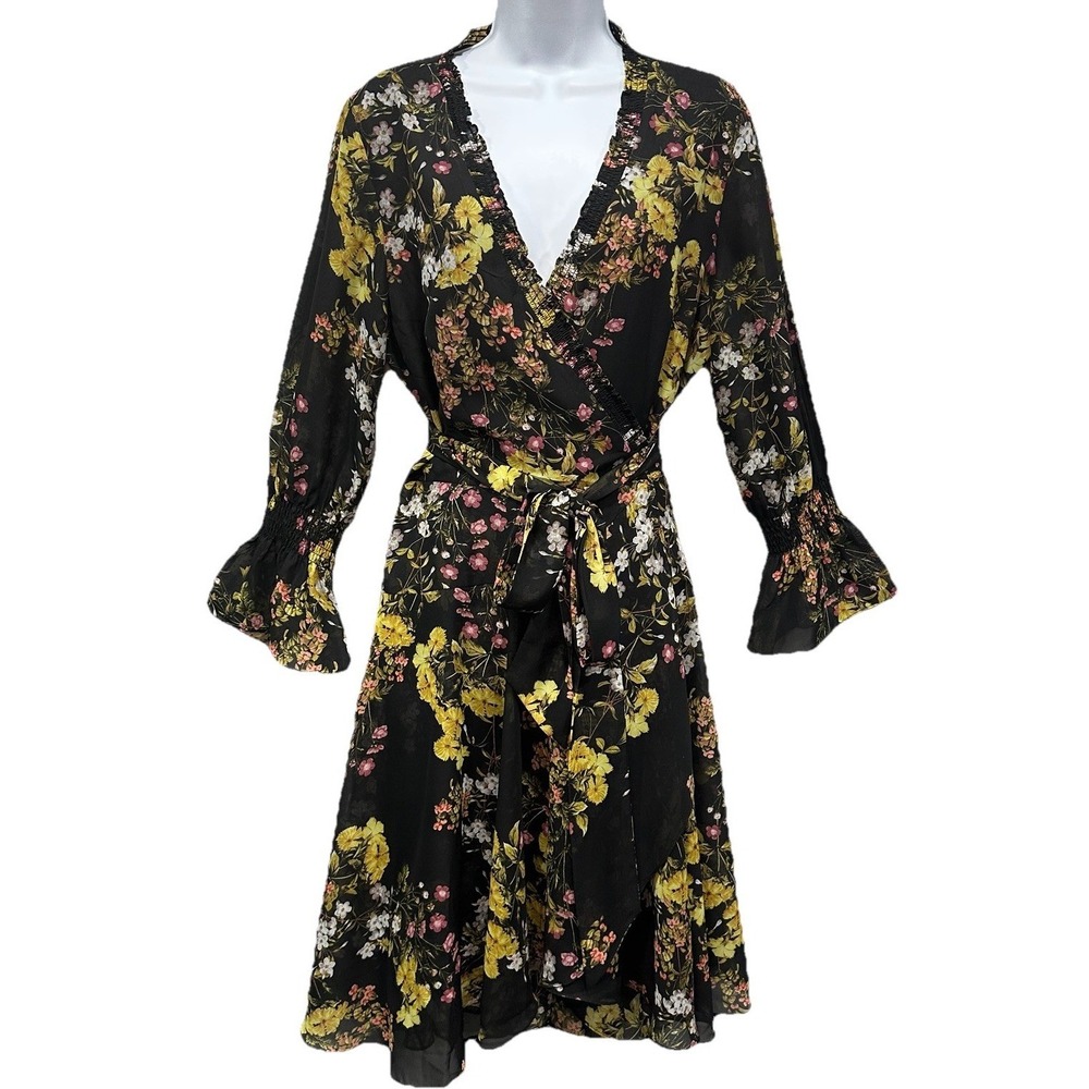 Tahari Arthur S Levine Midi Dress Women's Small Black Floral Print Belted Lined